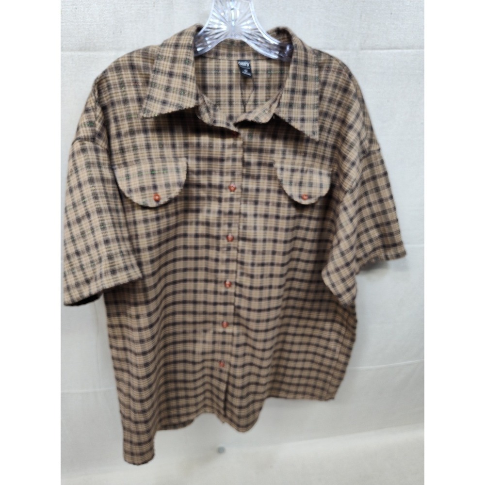 Dazy‎ Plaid Short Sleeve Button Down Shirt Brown Tan Oversized Flap Pockets L